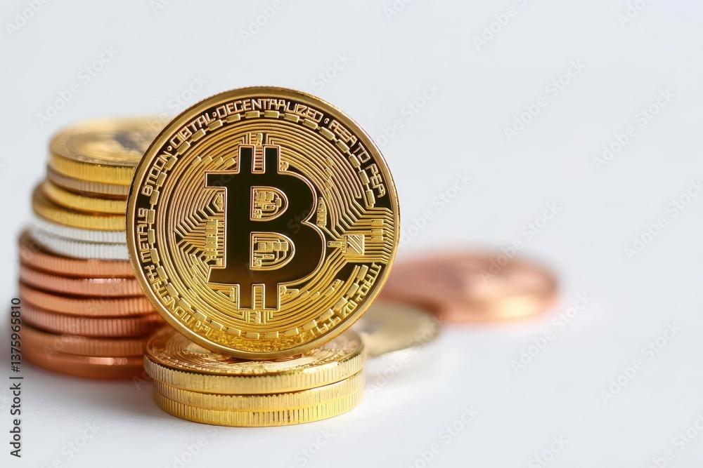 Poster Detailed close-up of a single bitcoin coin with intricate design features and bright golden color shining in the light