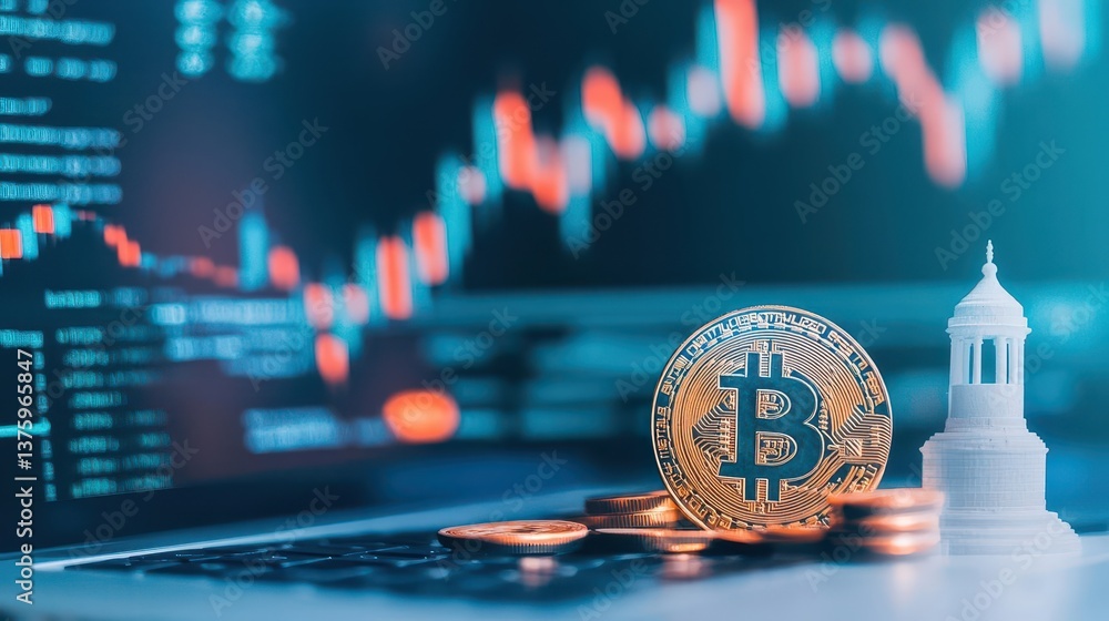 Aufkleber Bitcoin coin positioned on a laptop keyboard highlighting the integration of digital currency in modern technology