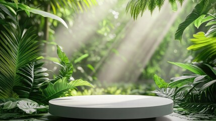 Marble pedestal with tropical green plants against a textured wall, elegant natural display