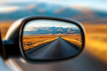 A scenic view of an open road reflecting in a car mirror, framed by stunning mountains and golden fields under a clear sky.