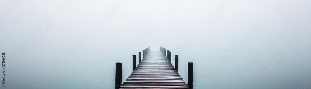 Poster a serene dock emerging from dense fog, surrounded by mysterious waters and soft light of early morni