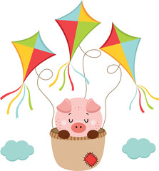 Cute pig flying inside basket with kites
