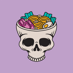Color skull soup ramen on a light purple background 