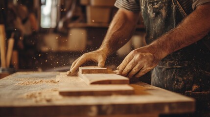 A carpenter sanding a wooden table in a small workshop natural dust particles warm tones craft and skill