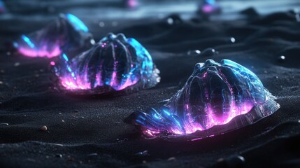 Glowing abstract crystallized forms on dark textured sandy terrain