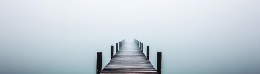 Fototapeta premium A serene dock emerging from dense fog, surrounded by mysterious waters and soft light of early morning