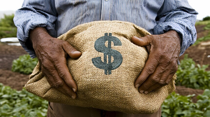 Farmer's weathered hands hold a burlap sack imprinted with a dollar sign, symbolizing agricultural income and economic hardship.