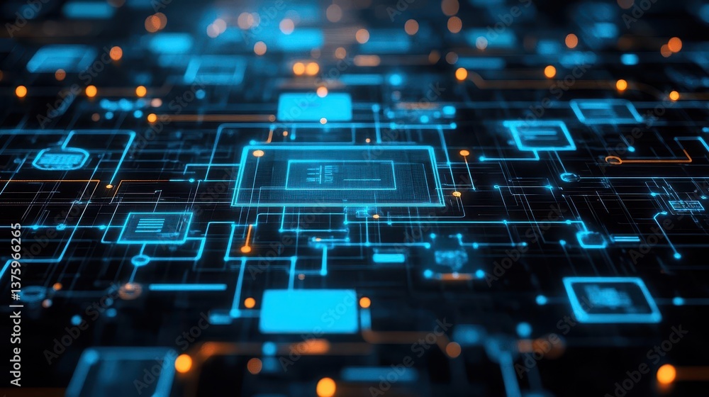 Poster intricate circuit board illuminated by striking blue and yellow lights showcasing advanced technolog
