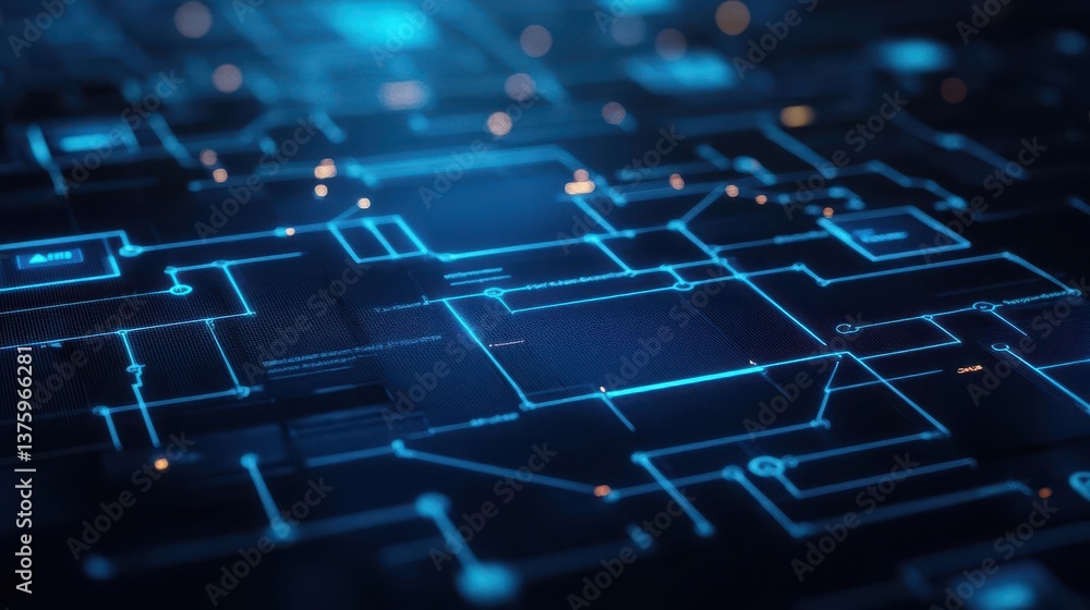 Fototapete Close-up view of a circuit board with bright blue lights emphasizing the complexity of modern electronic devices