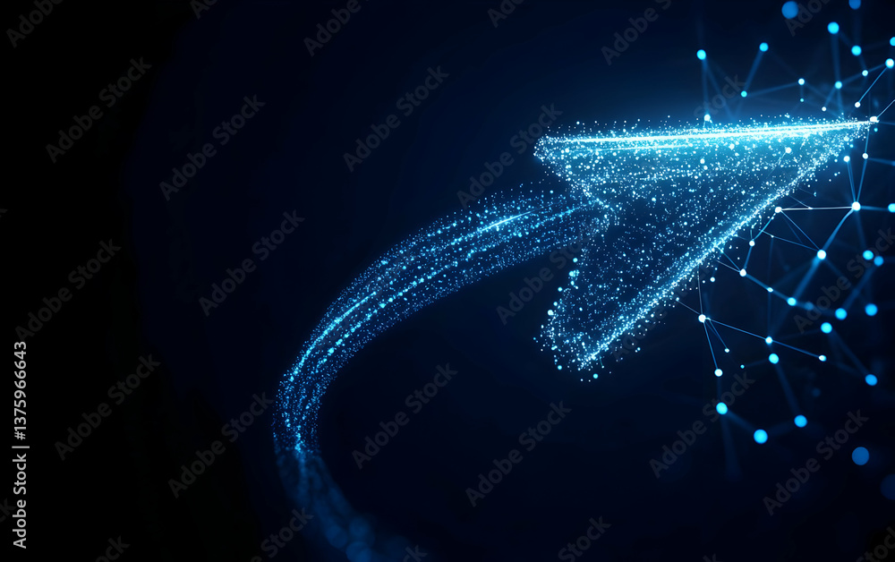 Poster a dynamic digital arrow composed of glowing particles, symbolizing progression and innovation in tec