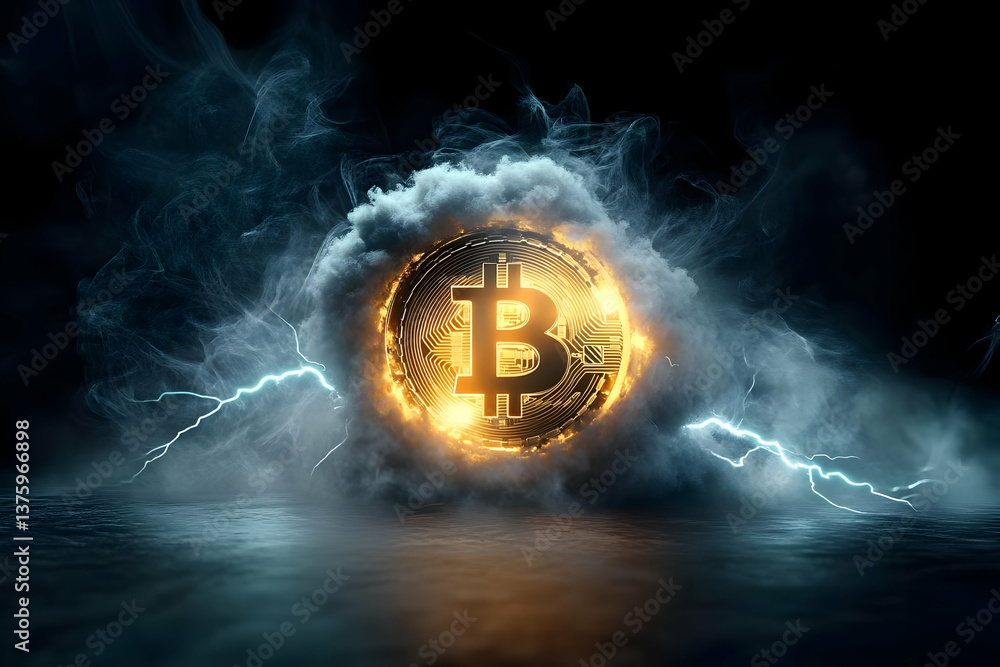 Poster a dynamic representation of bitcoin surrounded by lightning and mist, symbolizing the powerful natur
