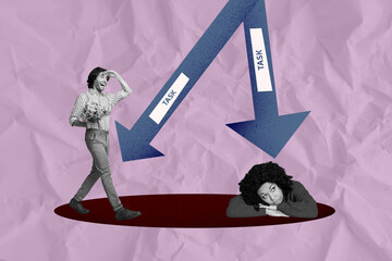 3d sketch poster trend collage of two happy business partners girl guy stand arrow decline pointer...