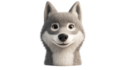 Smiling wolf head, cartoon style, detailed fur texture, cut out transparent