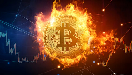 A dynamic representation of Bitcoin surrounded by flames, symbolizing volatility in cryptocurrency markets.