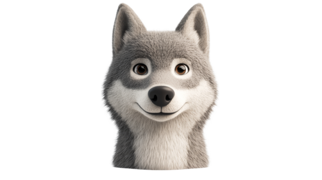 Smiling wolf head, cartoon style, detailed fur texture, cut out transparent