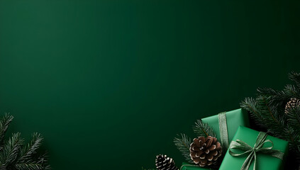 A festive arrangement featuring green gift boxes, pinecones, and pine branches, perfect for holiday celebrations and seasonal decor.