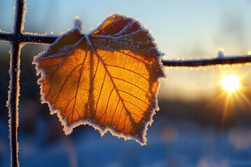 Frost Covered Autumn Leaf Sunrise Backlit Nature Photography