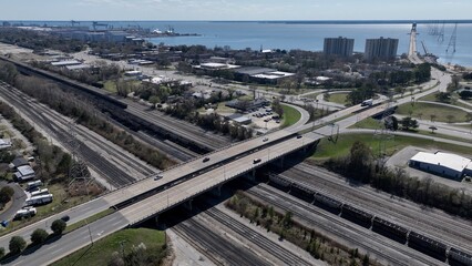 Fototapeta premium Rail yard with train transporting coal to shipping port in Newport News, Virginia
