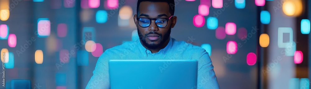 Poster Man using a laptop computer while engaged in work and performing tasks in a contemporary office setting