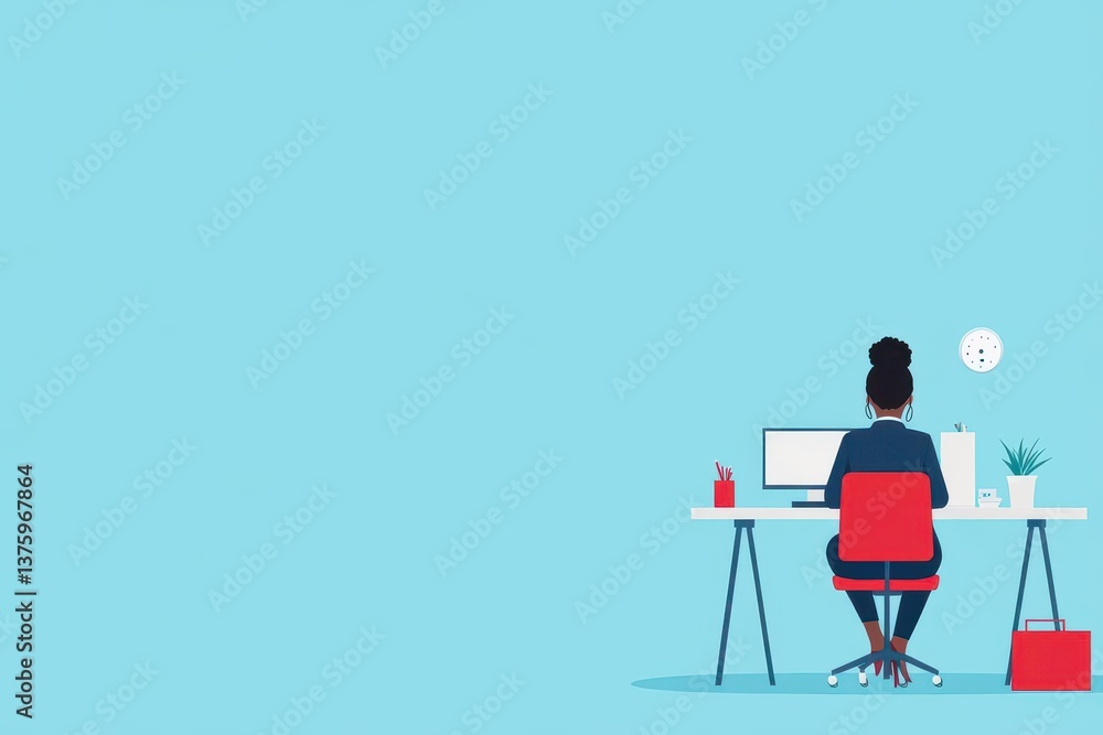 Poster a woman sitting at a desk with a computer and a plant in her hand, representing productivity and a b