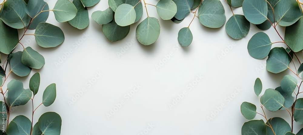 Poster elegant eucalyptus branches frame on a soft gray background with ample copy space, top view