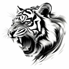 A fierce, roaring white tiger with striking features, showcasing its power and elegance in a captivating portrait.