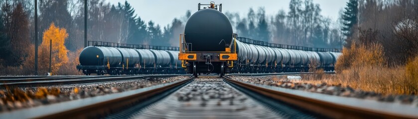 Naklejka premium A train traveling along train tracks with a scenic background of lush greenery and clear blue skies on a sunny day