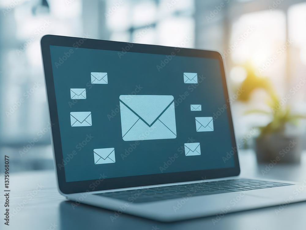 Poster Modern laptop displaying a bright mail icon on the screen representing digital communication and email correspondence