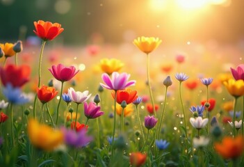 Obraz premium vibrant wildflowers dewy meadow nature colorful blooming flora sunshine natural beauty, green, petal, spring, pollen, scene, landscape, field, botanical, pink