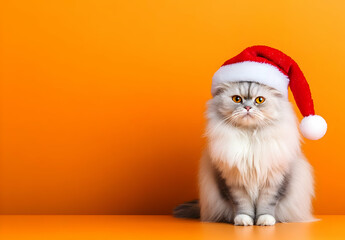 Fototapeta premium A fluffy cat wearing a festive Santa hat poses against a vibrant orange background, perfect for holiday-themed projects.