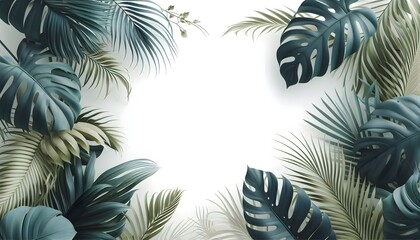 Naklejka premium Palm fronds and monstera leaves arranged around a white background, modern botanical theme.