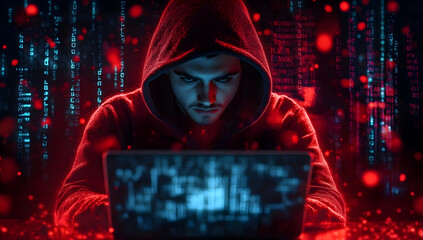 A focused hooded figure working intensely at a laptop, immersed in digital data and programming amidst glowing binary codes.