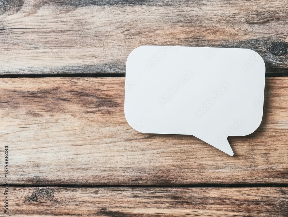 Poster white speech bubble resting on a natural wooden table surface symbolizing communication, ideas, and 