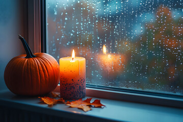 candles and a pumpkin placed on a window sill - offering a cozy view of a rainy autumn evening 
