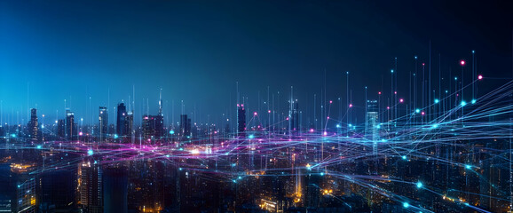 Obraz premium A futuristic city skyline illuminated by vibrant digital lights, representing the advancements in technology and urban life.