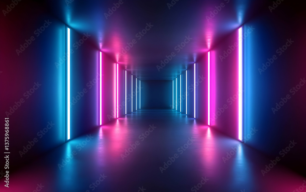 Poster a futuristic corridor illuminated with vibrant neon lights creating a captivating atmosphere of dept