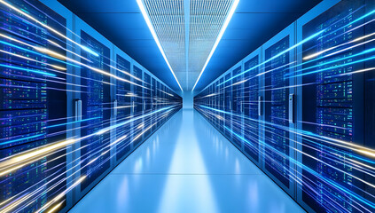 Obraz premium A futuristic data center with blue lighting, showcasing rows of servers and a sleek design for efficient data processing.