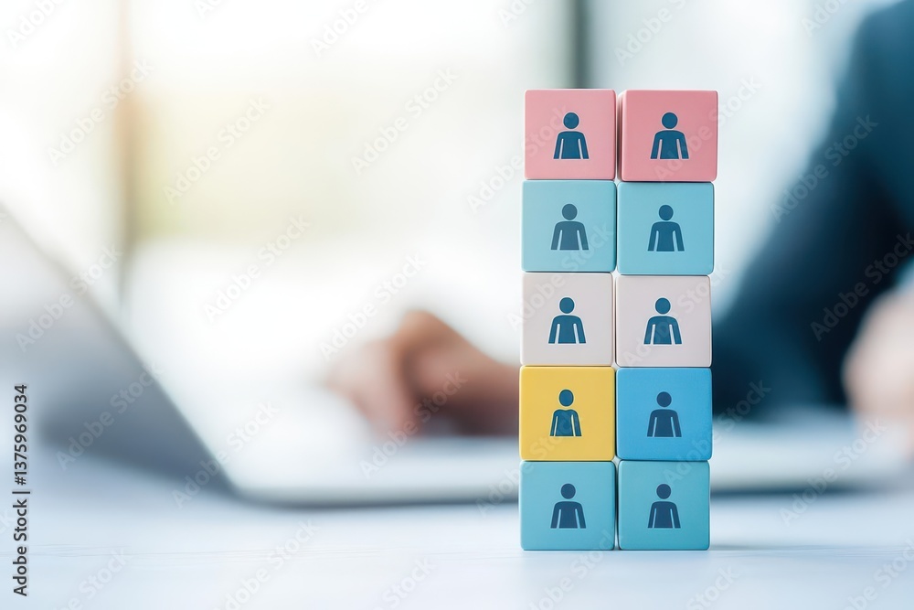 Aufkleber Individual seated at a table with a laptop and a stack of colorful blocks featuring a person on top for creative learning