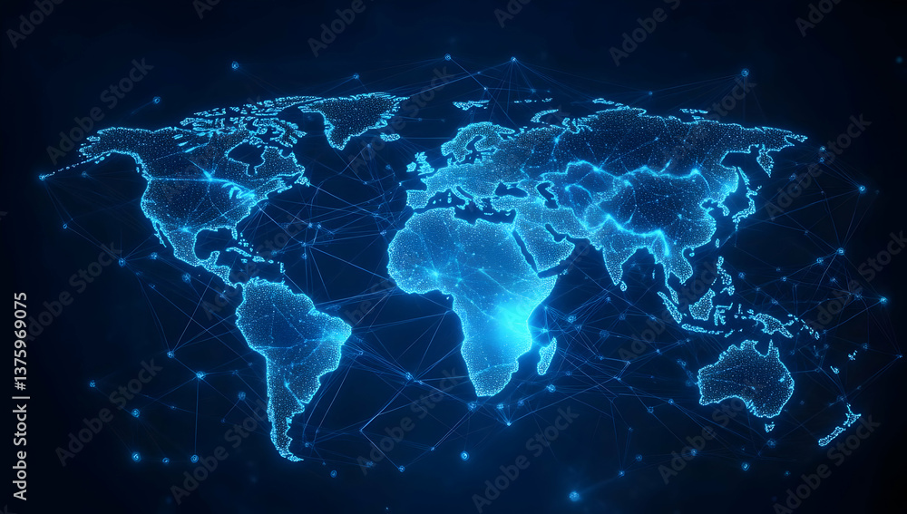 Poster a futuristic digital world map showcasing interconnected points of light, symbolizing global connect