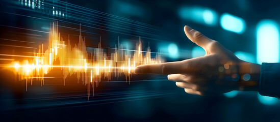 Fototapeta premium A futuristic hand interacting with a vibrant sound wave visual, showcasing advanced technology and digital communication.
