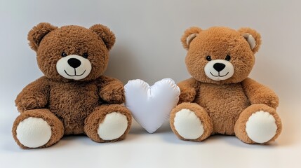 Two adorable teddy bears snuggle together, holding a red heart, evoking feelings of love and companionship on a clean white backdrop.