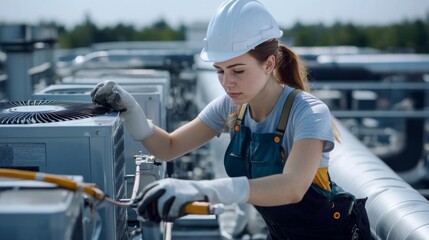 A female maintenance technician checking HVAC equipment on a rooftop urban setting and manual expertise
