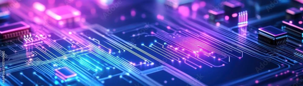 Aufkleber Intricate circuit board design with blue and pink light effects highlighting technological complexity and modern innovation