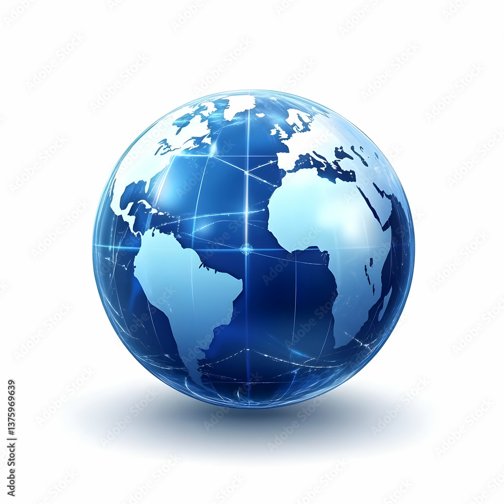 Poster a glossy 3d globe showcasing the continents with interconnected lines representing global communicat