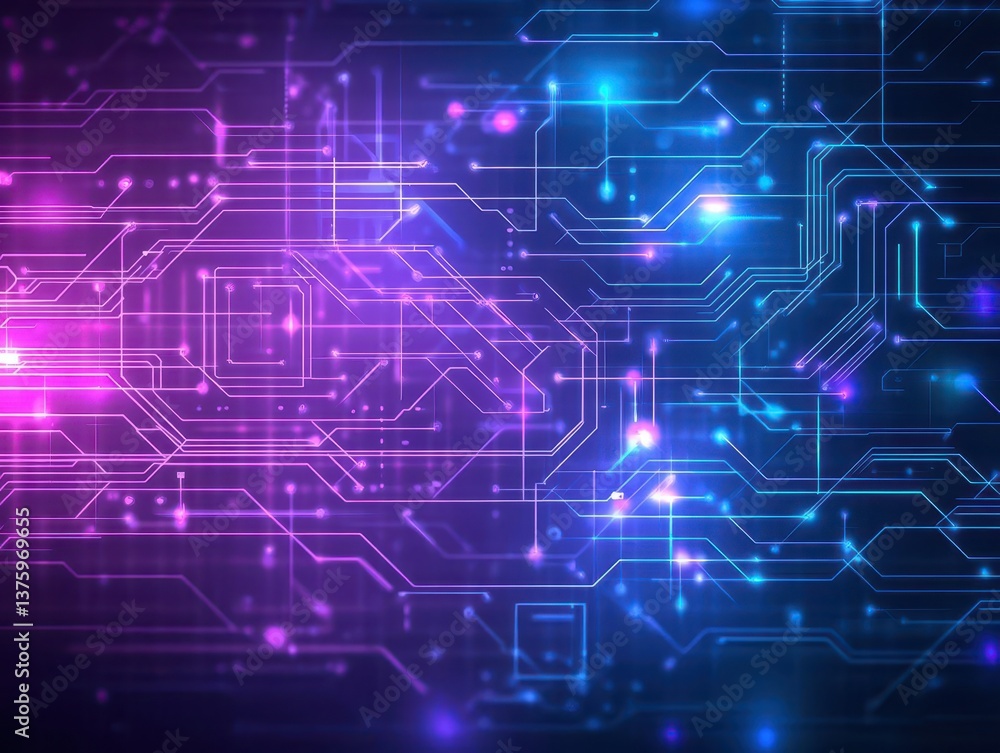 Poster Intricate circuit design with vibrant blue and pink background creating a futuristic and technologically inspired theme