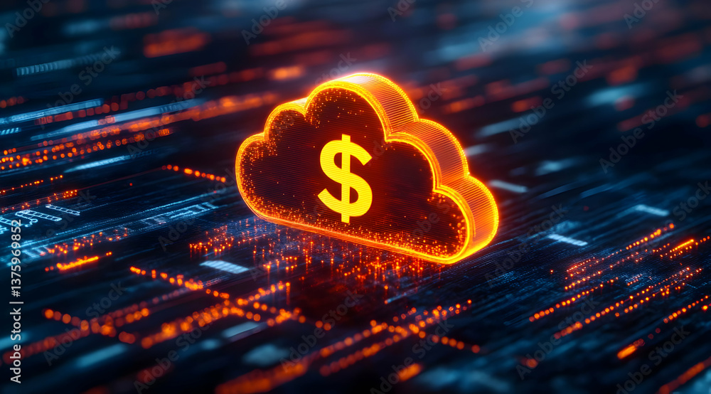 Poster a glowing cloud symbol with a dollar sign, representing the concept of cloud computing and financial