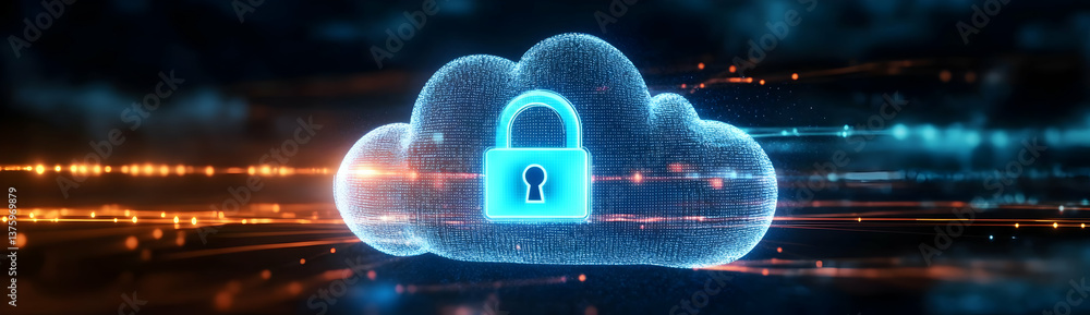 Poster a glowing cloud symbol with a padlock, representing secure online data storage in a digital environm