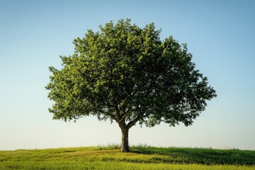 Fototapeta premium A solitary tree stands on a grassy hill under a blue sky