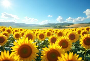 Fototapeta premium vibrant sunflower field clear blue sky landscape nature sunny day bright colors blossoming flowers, bloom, crop, sunlight, meadow, wildflower, botany, scenic