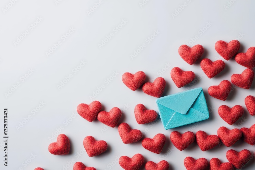 Poster Charming blue envelope surrounded by red hearts representing love and affection in an engaging visual composition